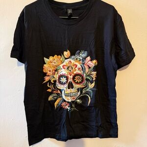 Black Tee with Floral Sugar Skull Graphic